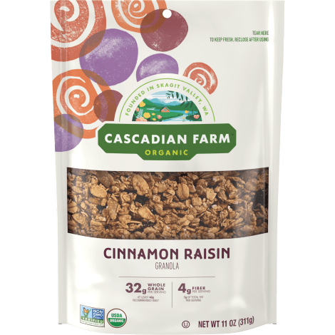 Cascadian Farm Organic cinnamon raisin granola, front of package