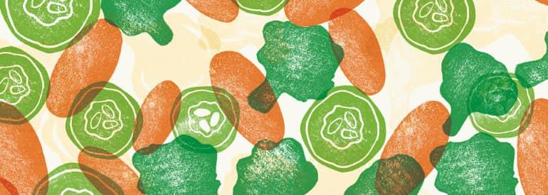 Orange and green patterned image for Cascadian Farm Organic Frozen California Style Blend Vegetables