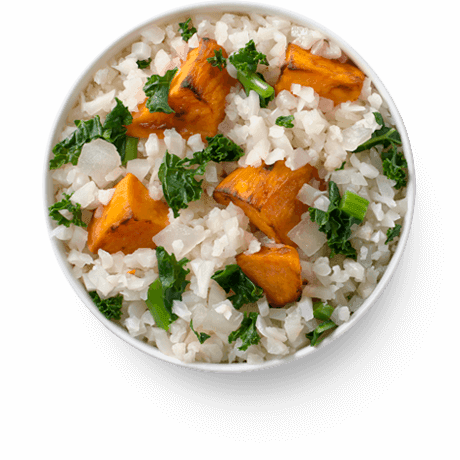 Cascadian Farm Riced Cauliflower Blend with roasted sweet potato and kale in a bowl