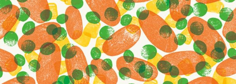 Multicolor stamped pattern of peas, carrots and corn