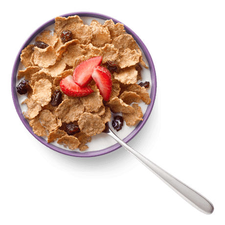 Cascadian Farm Raisin Bran Cereal in a bowl topped with strawberries