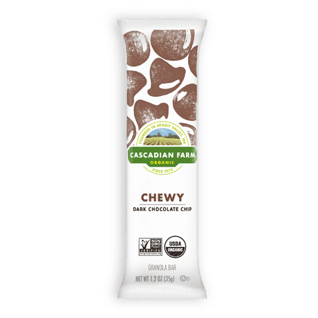 Single Cascadian Farm Organic Dark Chocolate Chip Chewy Granola Bar, front of bar