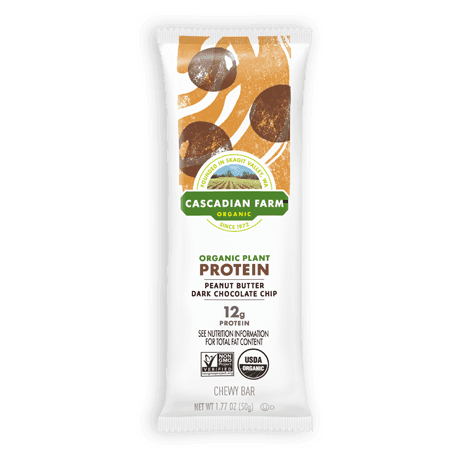 Single Cascadian Farm Peanut Butter Dark Chocolate Chip Protein Chewy Bar, front of bar