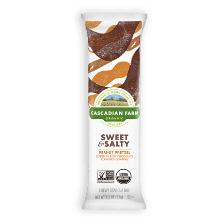 Single Cascadian Farm Sweet & Salty Peanut Pretzel Chewy Granola Bar, front of bar