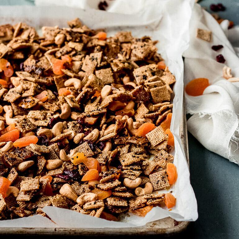 Recipe image of Cascadian Farm curried granola snack mix on a baking tray