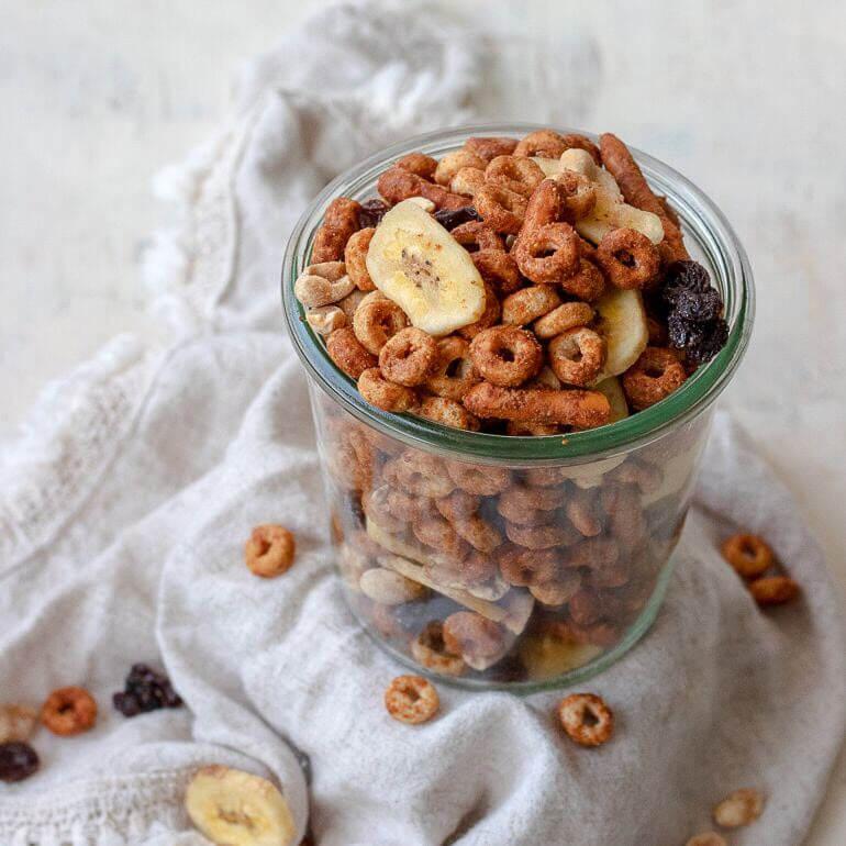 Recipe image of Cascadian Farm Organic Banana Nut Snack Mix in a glass jar