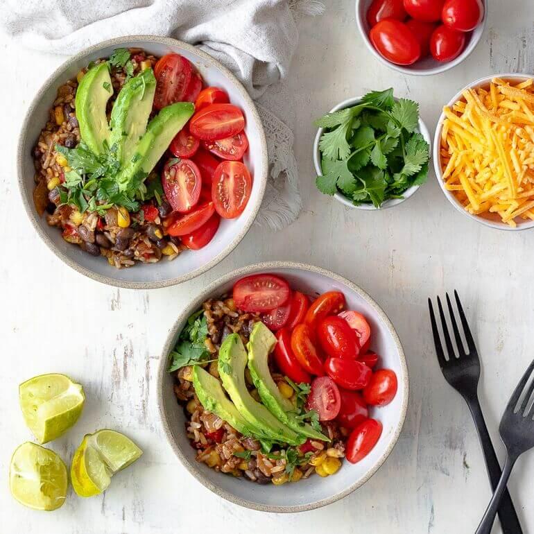 Recipe image of Cascadian Farm Organic Easy Black Bean Burrito Bowls with toppings on the side