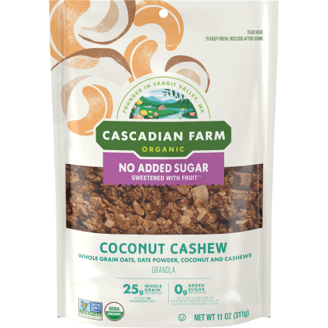 Cascadian Farm Organic No sugar added coconut cashew granola, front of package