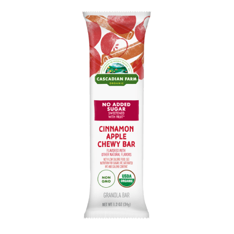 Single Cascadian Farm No sugar added Cinnamon Apple Chewy Bar, front of bar