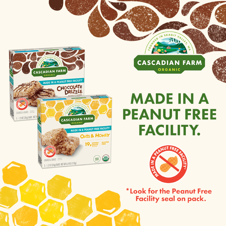 Boxes of Cascadian Farm Chocolate Drizzle and Oats & Honey bars with the words "Made in a Peanut Free Facility. Look for the Peanut Free Facility seal on pack."