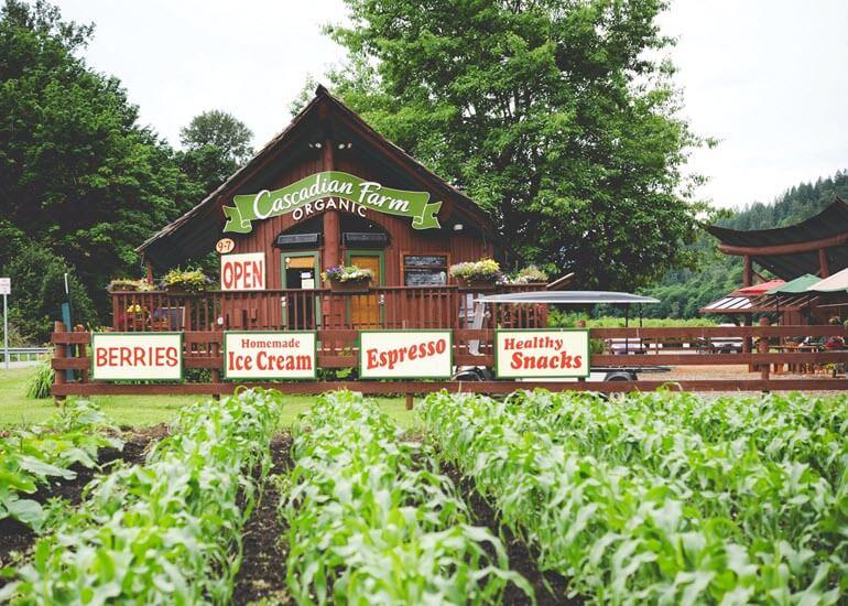 The front of the main building at the Cascadian Farm Organic Home in Skagit Valley, Washington