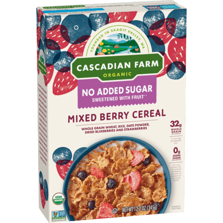 Cascadian Farms Organic No added sugar Mixed Berry Cereal, front of package