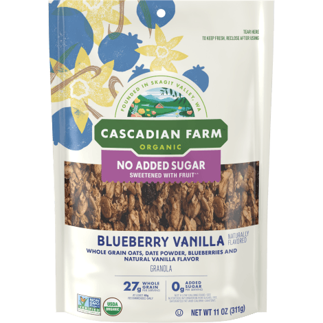 Cascadian Farm Organic No sugar added blueberry vanilla granola, front of package