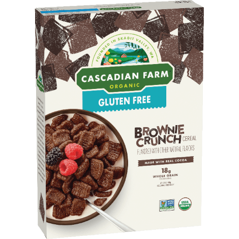 Cascadian Farm Organic Gluten free brownie crunch cereal, front of package