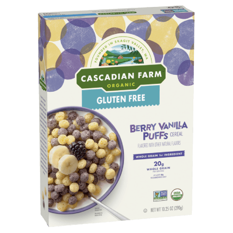 Cascadian Farm Gluten free Berry Vanilla Puffs Cereal, Front of package