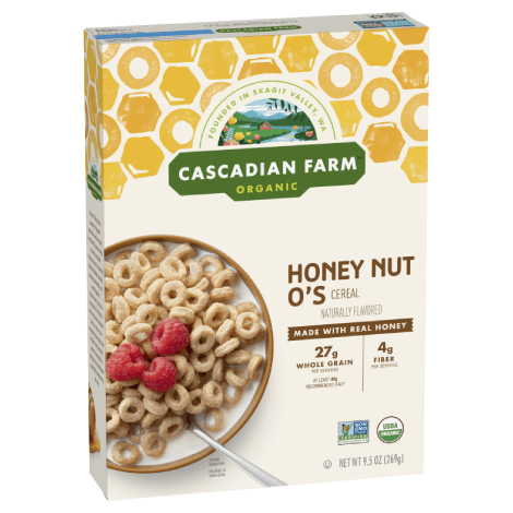 Cascadian Farm Organic Honey Nut O's Cereal, Front of package