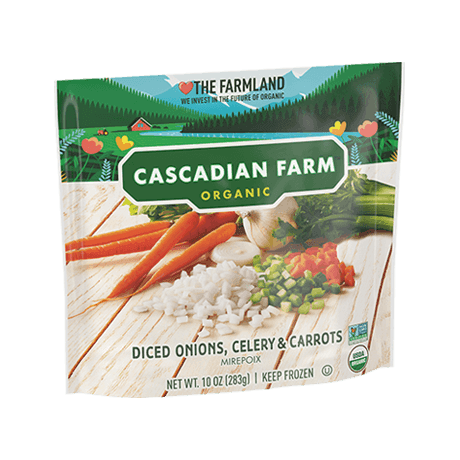 Cascadian Farm Frozen Organic diced onions, celery and carrots, front of package