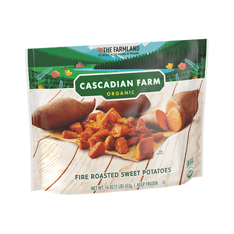 Cascadian Farm Organic Frozen fire roasted sweet potatoes, front of package