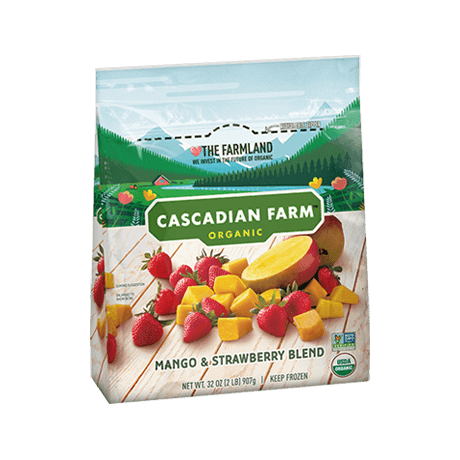 Cascadian Farm Organic Frozen mango and strawberry blend, front of package