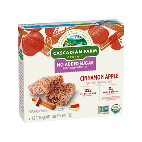 Cascadian Farm Organic no added sugar cinnamon apple granola bars, front of package