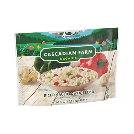 Cascadian Farm Organic Frozen Riced Cauliflower Blend with Bell Peppers and Onions, front of package