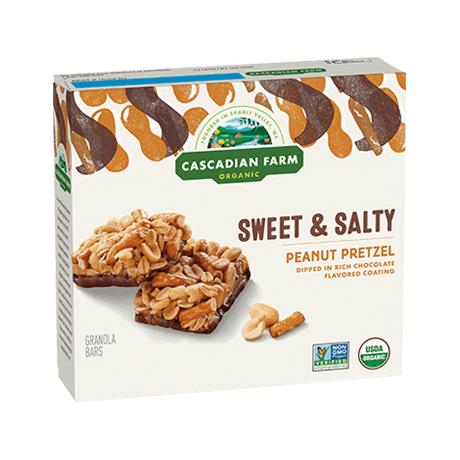 Cascadian Farm Organic sweet and salty peanut pretzel chewy granola bar, front of package