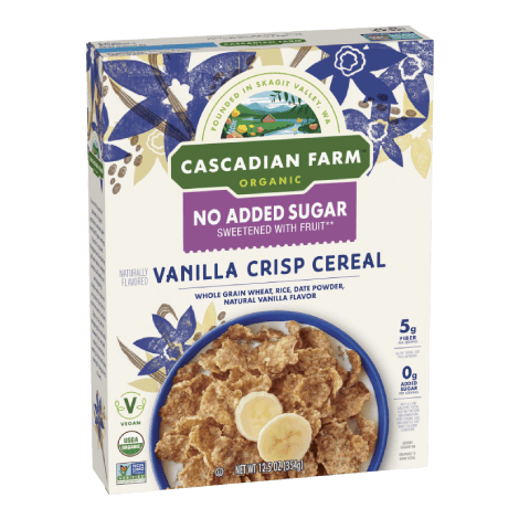 Cascadian farm No Added Sugar Vanilla Crisp Cereal, front of package