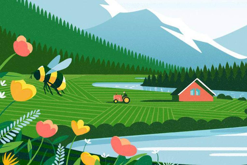 Illustration of a lush farm in a valley next to a river. Bees and flowers fill the foreground.