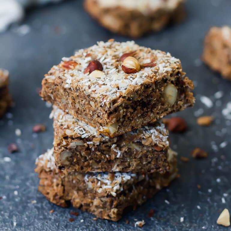 Recipe image of three chocolate coconut energy bars made with Cascadian Farm Organic Dark Chocolate Almond Granola