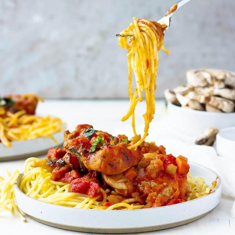Recipe image of Cascadian Farm Organic Chicken Cacciatore in a bowl with some spaghetti on a fork