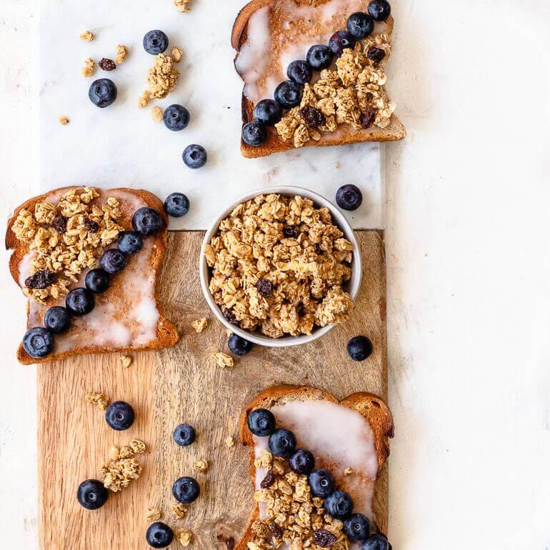 Recipe image of Cascadian Farm Organic Cinnamon Raisin Toast with a bowl of granola on the side