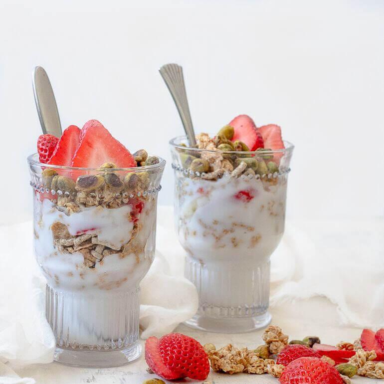 Recipe image of Cascadian Farm Organic Strawberry Granola Pistachio Parfaits in parfait glasses
