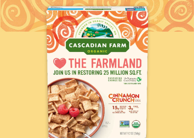 Cascadian Farm cereal in Cinnamon Crunch, front of box
